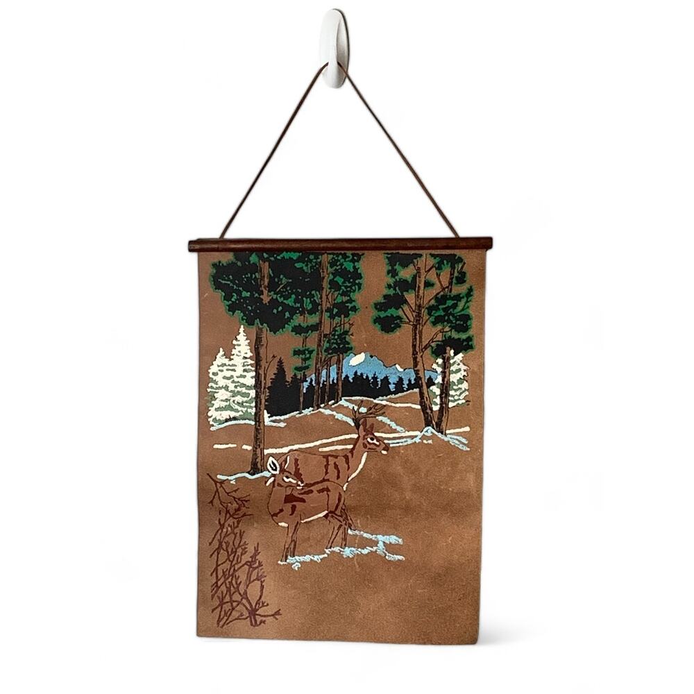 Painted Leather Wall Hanging White Tail Deer Mountains Cabin Woods Man Cave